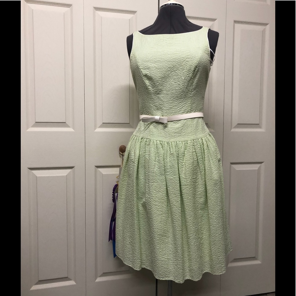 Green and White Seersucker drop waist dress.
